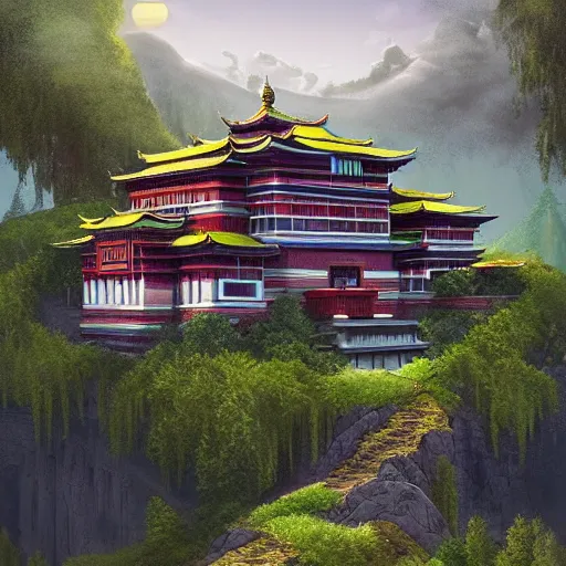 Prompt: house inspired by a tibetan palace on a hill, big green trees, colorful clouds, dramatic lighting, artstation, matte painting, raphael lacoste, simon stalenhag, frank lloyd wright