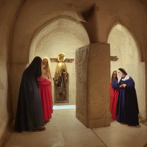 Prompt: 3 mary's, talking to 2 angels at the tomb of jesus, medium wide shot, velasquez