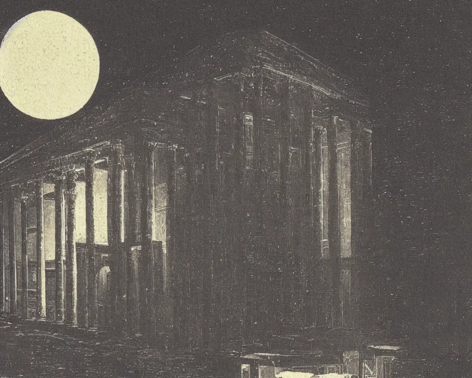 Prompt: achingly beautiful print of the Pantheon bathed in moonlight by Hasui Kawase and Lyonel Feininger.