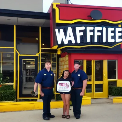 Image similar to wafflehouse employee's standing below wafflehouse sign, employees uniform is blue and black with yellow name tags