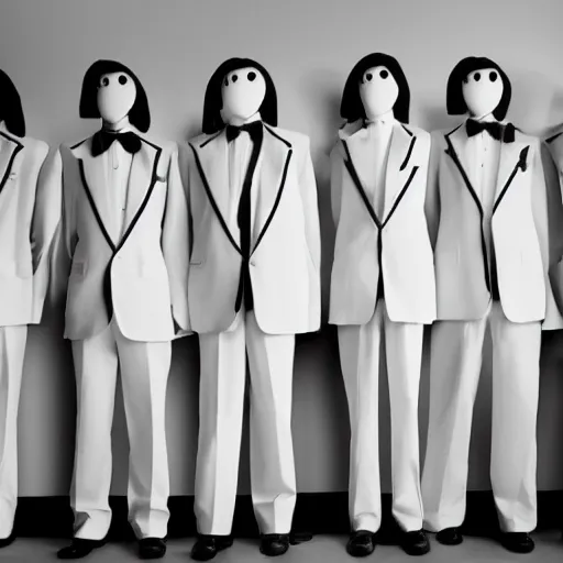 Prompt: a group of faceless humans with long limbs wearing tuxedos