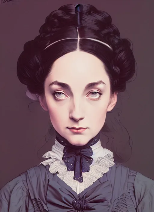 Image similar to 3 / 4 view of a portrait of woman in victorian clothing, confident pose, intricate, elegant, sharp focus, illustration, highly detailed, concept art, matte, trending on artstation, anime, art by james jean and artgerm and brian despain and alberto mielgo, ilya kuvshinov, strong strokes, gothic, haunted, art nouveau