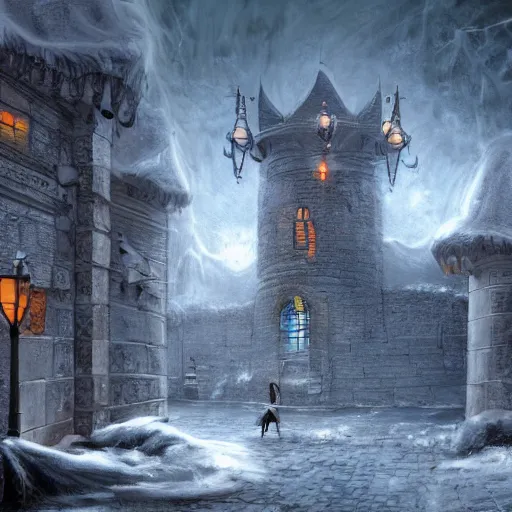 Image similar to fantasy concept art, walled city abut to a labyrinth, snowy weather, 8k, high detail