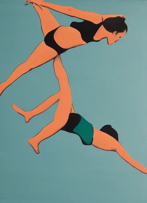 Prompt: acrylic painting on wood of a woman diving from a high diving board into a pool. mid - drive. medium distance. teal, white, black and grayscale. simple. flat. vintage, mid - century modern.