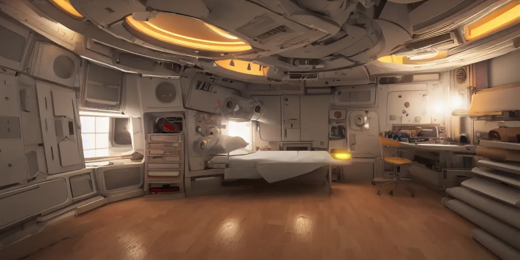 Prompt: Room of a spacecraft, with a bunk bed, Light light atmosphere, warm tones, lights, gloom and lights, warm tones, warm colors, photo realistic, playing, CGI, Unreal Engine, Hdri