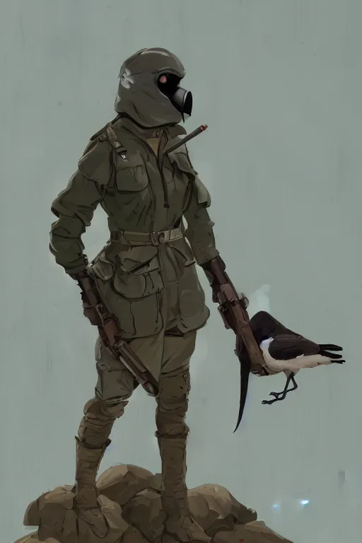 Image similar to ww 1 british sas female masked operative with the standard black uniform and a white porcelain crow mask, artstation, trending on artstation, establishing shot, by simon stalenhag