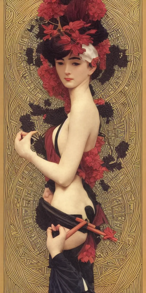 Image similar to an art deco tarot card, ikebana, symmetric, highly detailed, elegant, concept art, sharp focus, illustration, alexandros pyromallis, bouguereau, rutkowski, artgerm, tamara de lepika, alphonse mucha