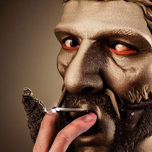 Image similar to realistic photo portrait of a prehistoric man smoking weed, volumetric lights, trending on artstation, studio photo, intricate details, highly detailed