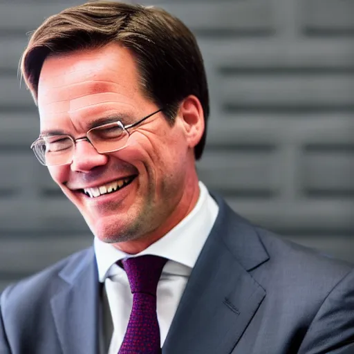 Image similar to closeup portrait of mark rutte dutch prime minister laughing, photography