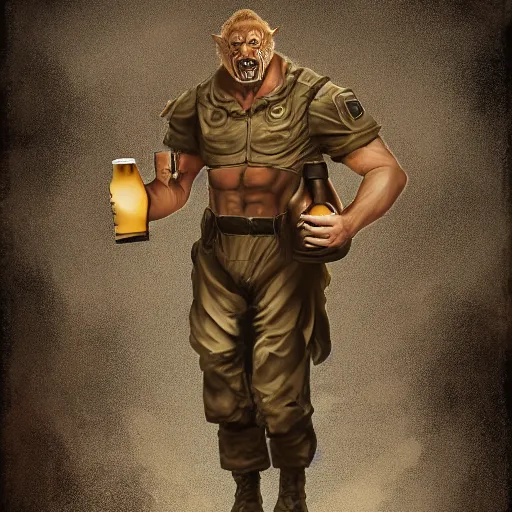 Image similar to a humanoid german shepherd beast - man in military style, holding a bottle of beer, artstation, concept art, smooth, sharp foccus ilustration, artstation