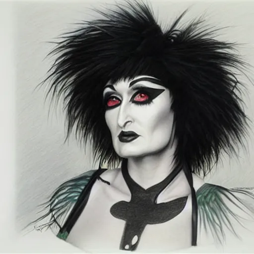 Prompt: a hyperrealistic pencil drawing of Siouxsie Sioux by Alex Horley,