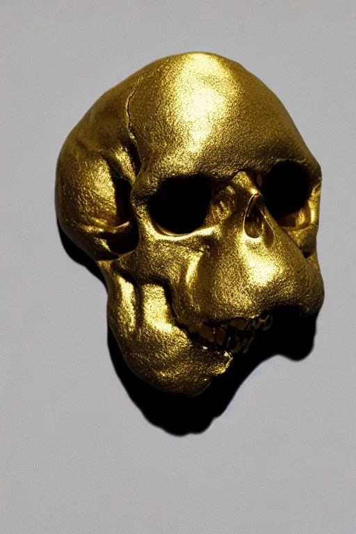 Prompt: 3 d render by daniel arsham of melting solid gold skulls, reflective, volumetric lighting, on clean white background