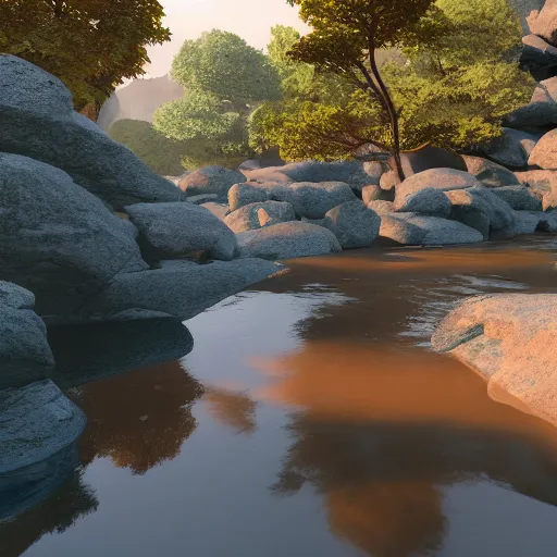 Prompt: a beautiful landscape, river, rocks, trees, volumetric lighting, octane render, nvidia raytracing demo