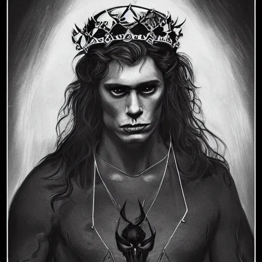 Image similar to demonic portrait of a handsome gorgeous satanic dirty brown haired hippie that looks like cody fern with a straw jawline with long hair past his chest and blue eyes as the human prince of satan and lucifer, wearing a demonic giger royal crown, artstation