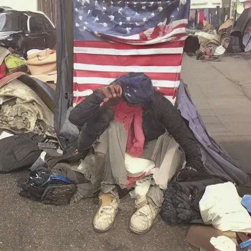 Prompt: homeless trump in a homeless camp, wearing cheap dirty clothes and maga hat, dirty