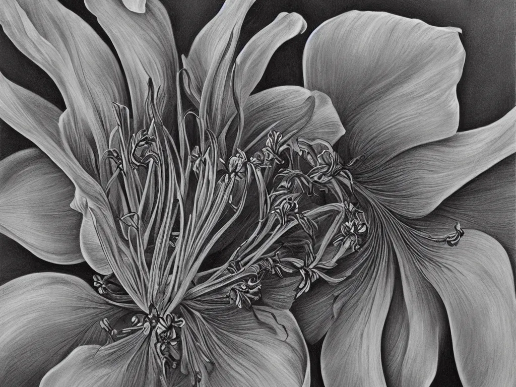 Image similar to Iris flower. Painting by Alex Grey, Karl Blossfeldt