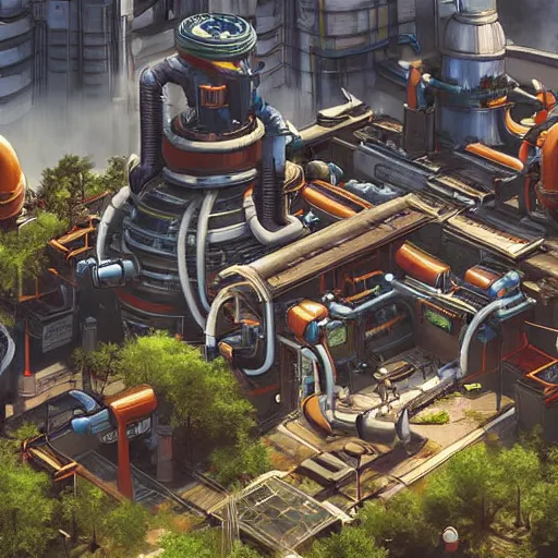 Prompt: sci fi power plant from apex legends in a pleasant urban setting surrounded by families, art station, ultra hd, soft light, overhead sun, ultra hd, art station