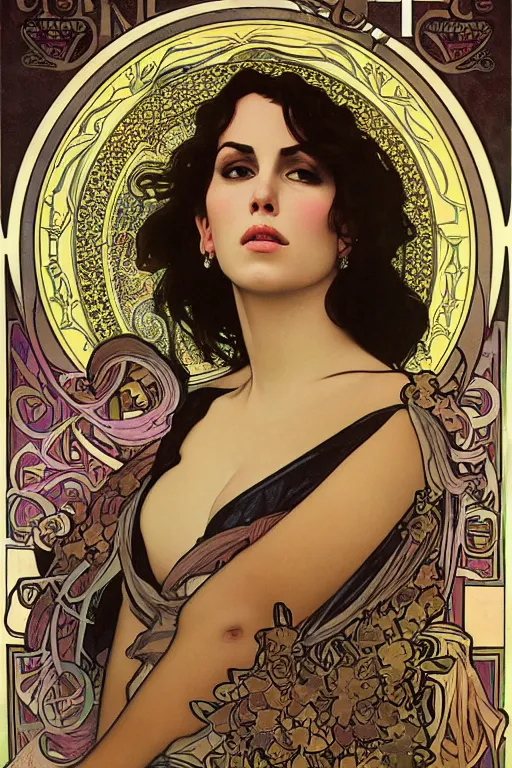 Prompt: portrait of monica belucci from the movie malena, artwork by alphonse mucha