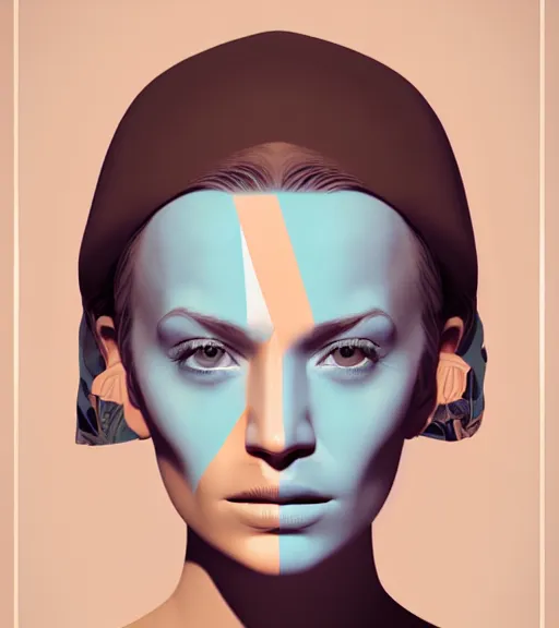 Prompt: portrait of a woman raised on the island face tatooes by james gilleard, dynamic lighting, gradient light blue, brown, blonde cream and white color scheme, grunge aesthetic