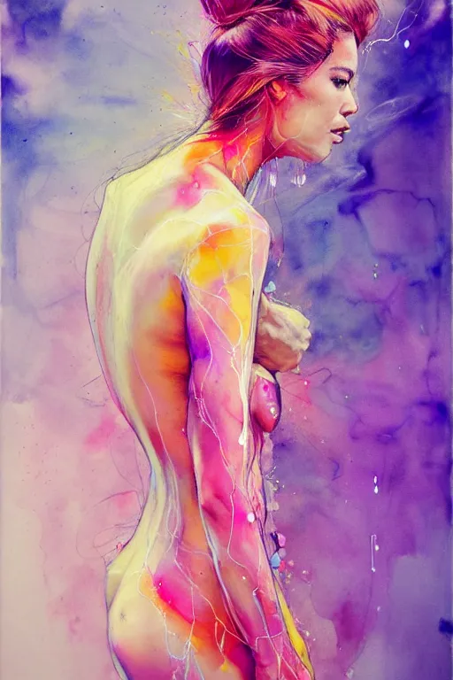 Image similar to sophia vergara by agnes cecile enki bilal moebius, intricated details, 3 / 4 back view, hair styled in a bun, bendover posture, full body portrait, extremely luminous bright design, pastel colours, drips, autumn lights