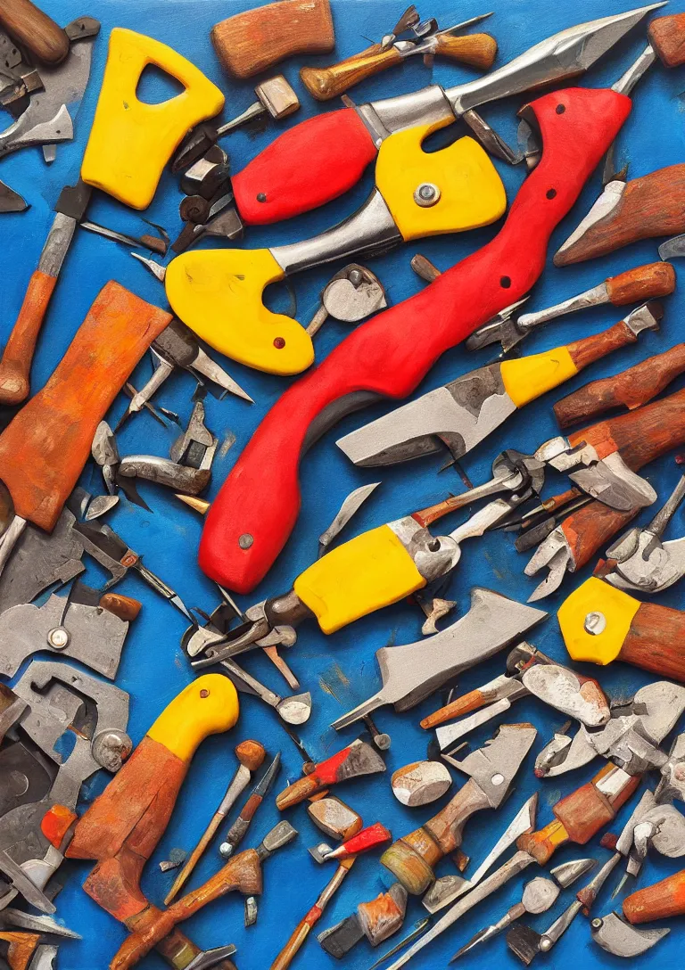 Prompt: a beautiful painting of a toolkit filled with broken hammers, photorealistic, stylized