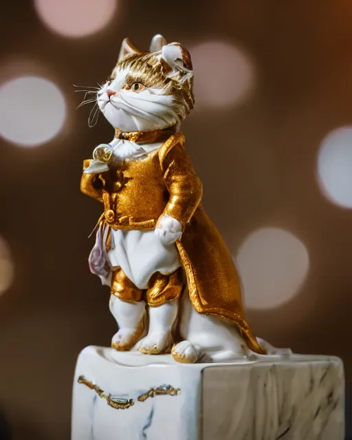 Prompt: high quality presentation photo of a a detailed porcelain figurine of a cute cat dressed as Napoleon holding a piece of chesse, photography 4k, f1.8 anamorphic, bokeh, 4k, Canon, Nikon