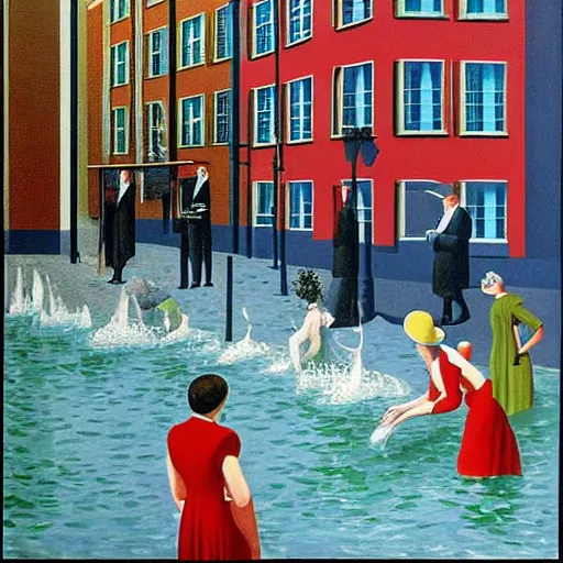 Image similar to people splashing water in city street, sunny, painted by Rene Magritte