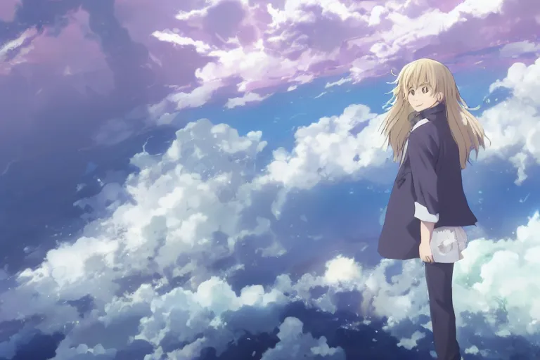 Image similar to a vast scene, panorama distant view, hyper detailed scene render of a boy and white lion, anime key visual of violet evergarden, finely detailed perfect face delicate features directed gaze, in the white clouds fairyland, golden curve structure, animation portrait concept art, trending on pixiv fanbox, violet evergarden, studio ghibli, james jean, extremely high quality artwork