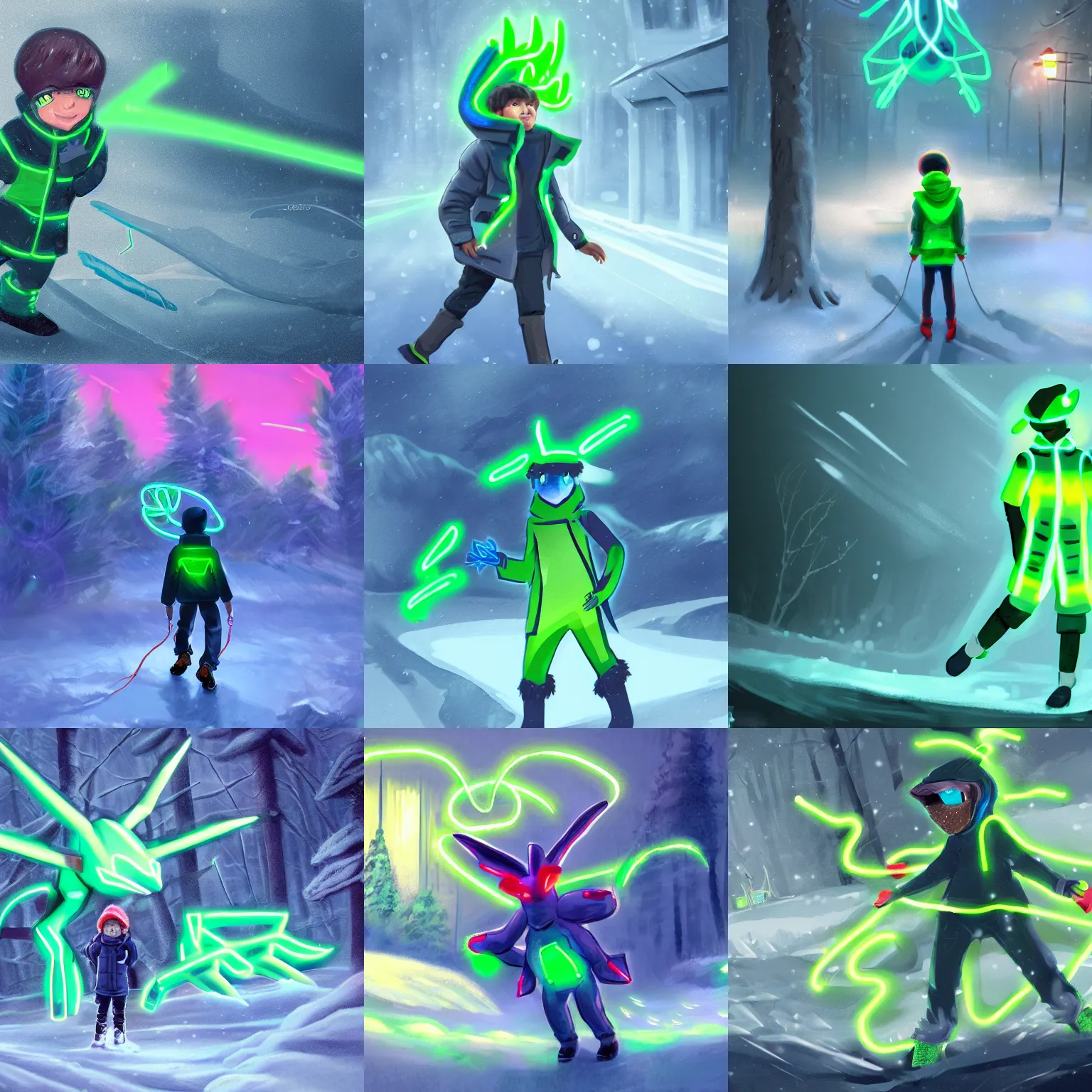 Prompt: a boy in winter clothing trying to catch neon green shiny - dialga, concept art, digital art, detailed, 8 k hd