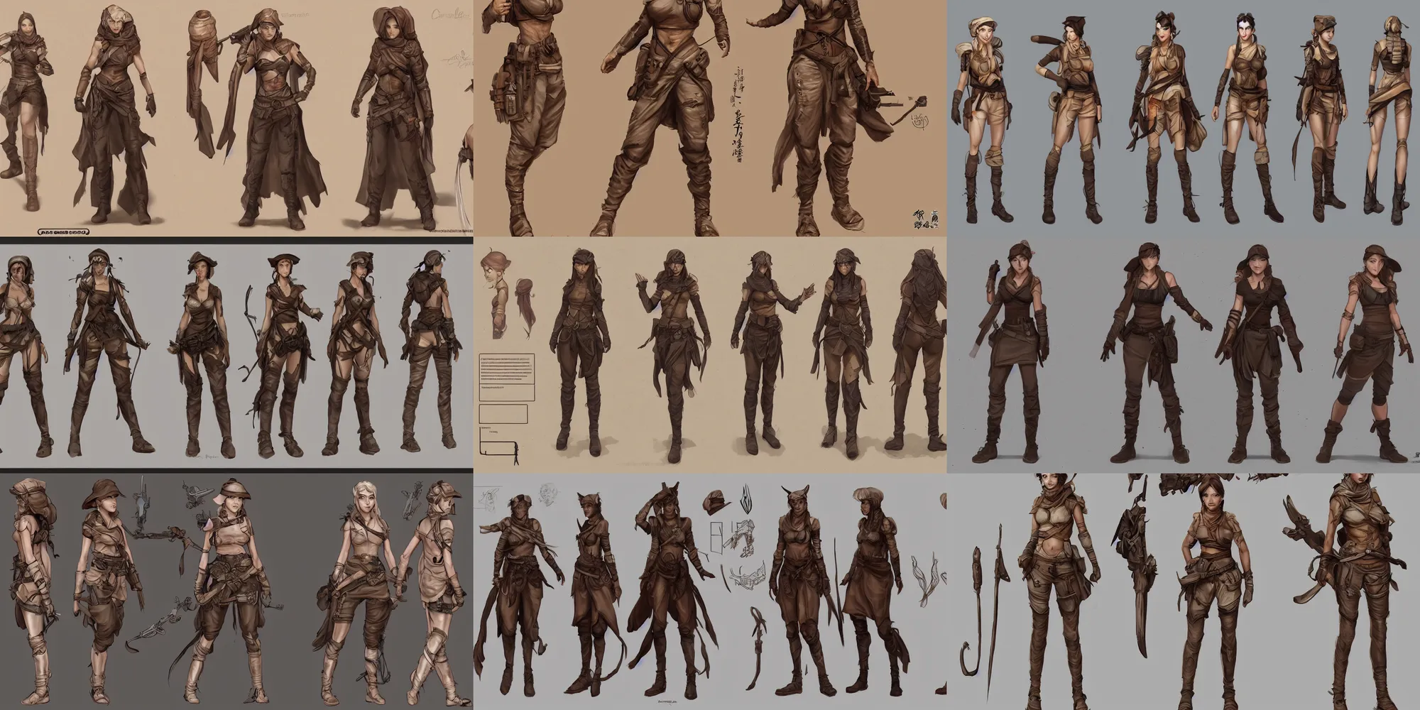 Prompt: character sheet, concept art, mid 2 0's female, desert scavenger outfit, by qui fang and artgerm, wlop