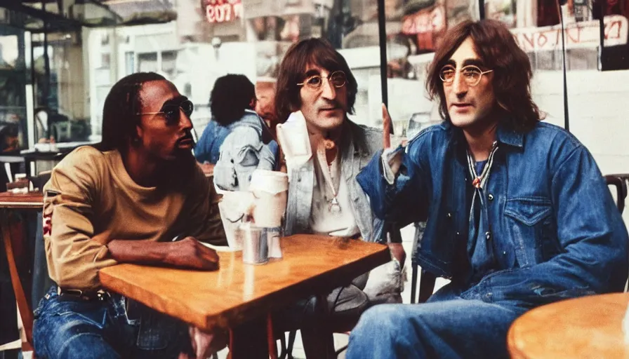 Image similar to candid 35mm photo of John Lennon and Tupac Shakur hanging out at a cafe in 2022