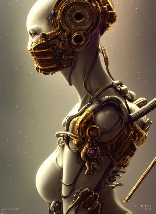 Image similar to soft lustrous hard tech ivory biotech raver gutter punk cyborg bioweapon, golden ratio, details, sci - fi, dark fantasy, cyberpunk, intricate, decadent, ornate, highly detailed, digital painting, octane render, 8 k, artstation, concept art, smooth, sharp focus, illustration, art by artgerm, loish, wlop