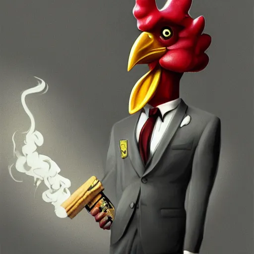 Prompt: a chicken wearing a suit smoking a cigar, dramatic lighting, cinematic, establishing shot, extremly high detail, photorealistic, cinematic lighting, artstation, style by James Gurney