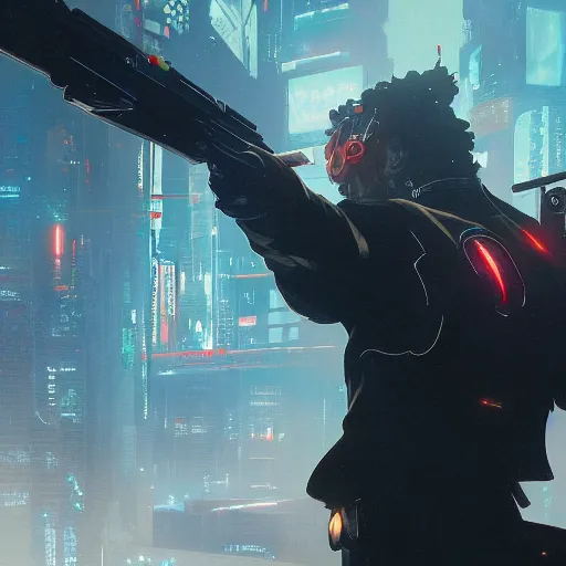 Image similar to close up illustration of a cyberpunk gunslinger pointing his gun shooting bullets, gungrave, anime, tri - gun, very detailed, 8 k, by greg rutkowski,