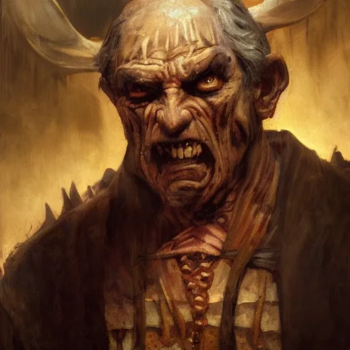 Image similar to a demonic old man stands in the middle of a medieval street and turns into something terrible, close - up, painting by gaston bussiere, craig mullins, j. c. leyendecker, 4 k, 8 k, trending on artstation, artstationhd, artstationhq, highest detail