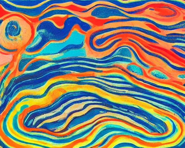 Prompt: Ocean waves in a psychedelic dream world. DMT. Curving rivers. Craggy mountains. Landscape painting by Edvard Munch. David Hockney. Wayne Thiebaud.