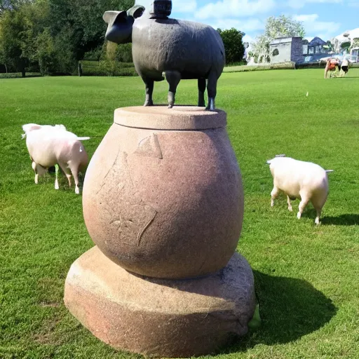 Prompt: statue of a pig, a cow, a horse, a chicken and a sheep