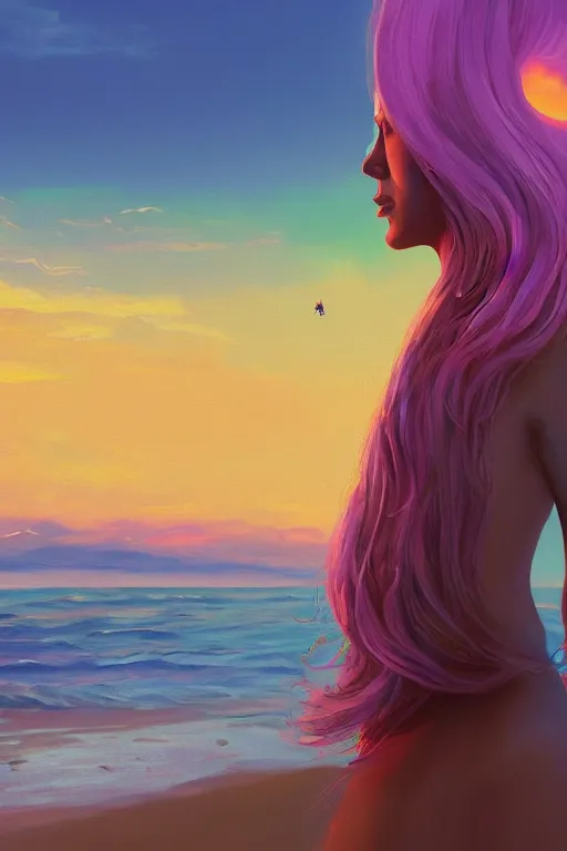 Image similar to closeup, giant lilac head, girl on beach, surreal photography, golden hour, colorful clouds, impressionist painting, digital painting, artstation, simon stalenhag