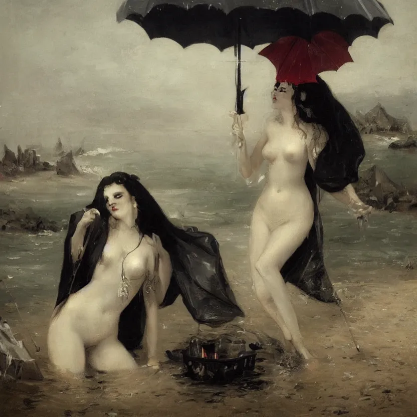 Image similar to portrait of a beautiful and grim vampire queen under a large beach umbrella being splashed by water suddenly by William-Adolphe Bouguerea