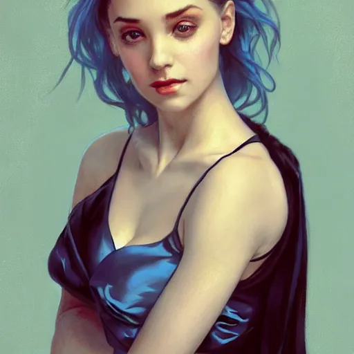 Prompt: portrait of ballerina wearing satin nightgown, blue hair, attractive, casual, modern, victoria's secret, highly detailed, digital painting, artstation, concept art, smooth, sharp focus, illustration, art by artgerm, greg rutkowski and alphonse mucha