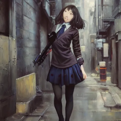 Image similar to a perfect, realistic professional oil painting of a Japanese schoolgirl posing in a dystopian alleyway, style of Marvel, full length, by a professional American senior artist on ArtStation, a high-quality hollywood-style concept