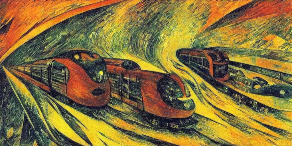 Image similar to oil painting of streamline train speeding. futurism. extreme speed with headlight shining into the fog. umberto boccioni.