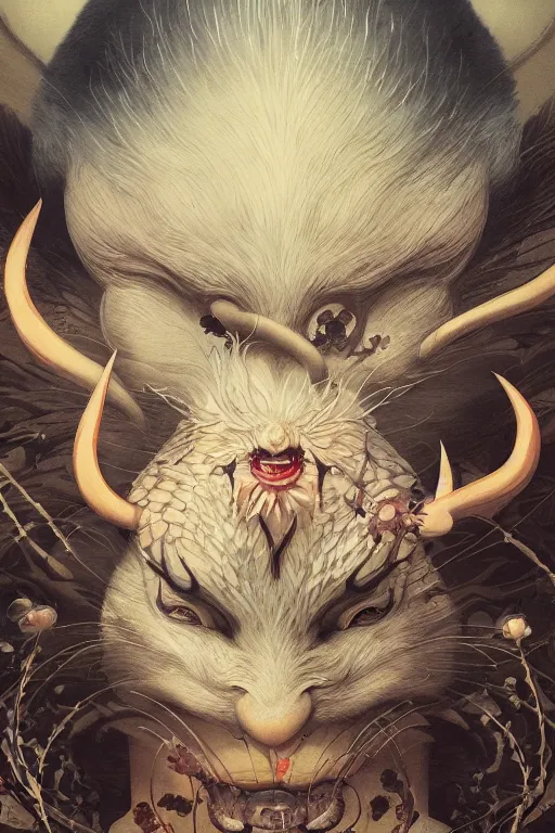 Image similar to a portrait of a japanese devil animal illustrated by miyazaki by karol bak, james jean, tom bagshaw, rococo, sharp focus, trending on artstation, cinematic lighting, hyper realism, octane render, 8 k, hyper detailed, vivid, ultra detailed, highly detailed