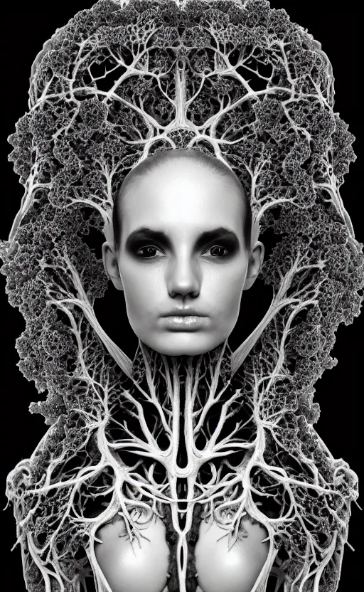 Image similar to a black and white high quality photo of a young beautiful female queen-vegetal-dragon-cyborg bust with a very long neck and Mandelbrot fractal face, Mandelbrot fractal skin, flesh, anatomical, facial muscles, veins, arteries, elegant, highly detailed, flesh highly baroque ornate, hair are wired cables, elegant, high fashion, rim light, octane render, in the style of Cindy Sherman, Realistic, Refined, Digital Art, Highly Detailed, Cinematic Lighting, rim light, black and white, photo-realistic, 8K