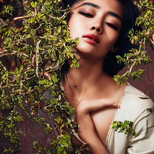 Image similar to photography of the asian queen sitting in the flower thorn, beautiful face, masterpiece costume, jewellery, high quality, elegant, emotionally touching, cool, deep gaze, mystery, tenderness rehahn style