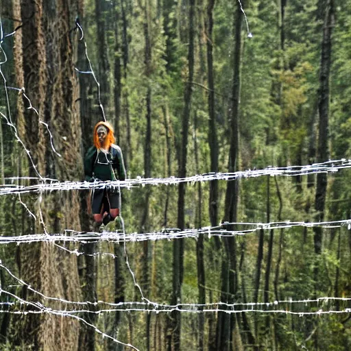 Image similar to a female navi wrapped in barbed wire floating in the air in front of a sequioa forest