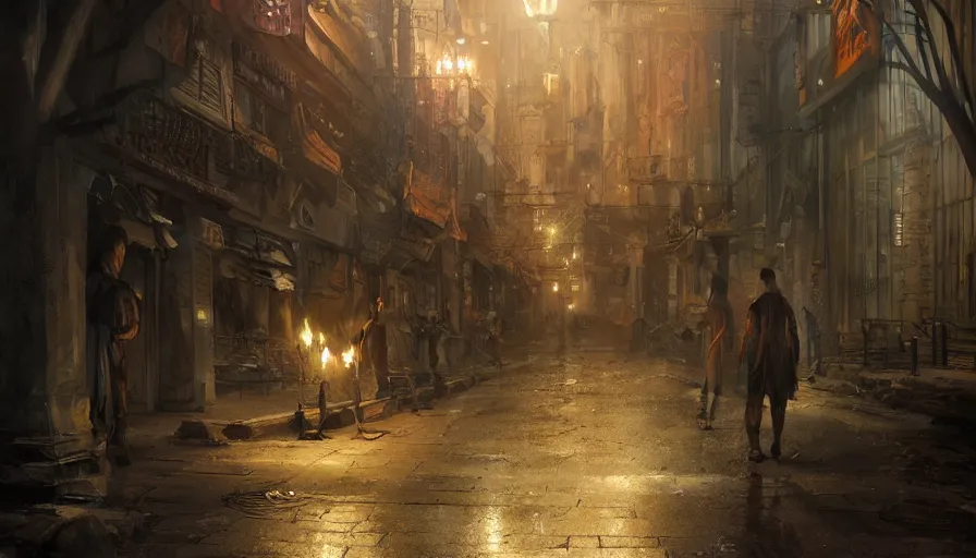 Image similar to street of prehistoric city lighten by torches during early evening, shadows, reflections, epic composition, intricate, elegant, volumetric lighting, digital painting, highly detailed, artstation, sharp focus, illustration, concept art, ruan jia, steve mccurry