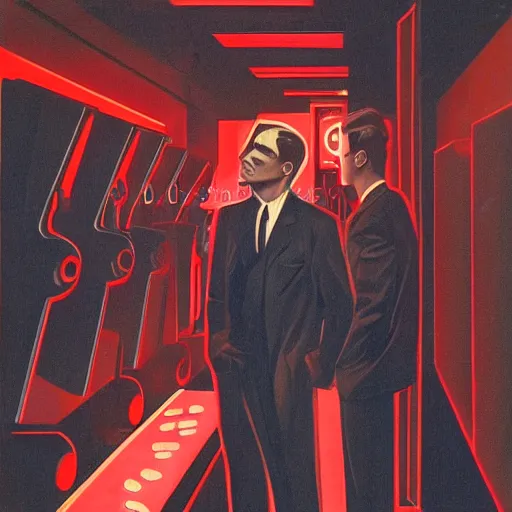 Image similar to man in futurist 6 0 ´ s lab, machines and futurist robots, red lights, leyendecker style, black suit