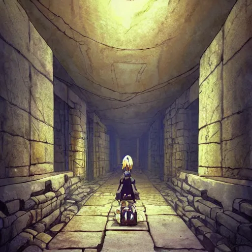 Image similar to an underground ancient temple corridor full of traps by Makoto Shinkai, pressure plate, tripwire, rolling boulder trap, epic composition