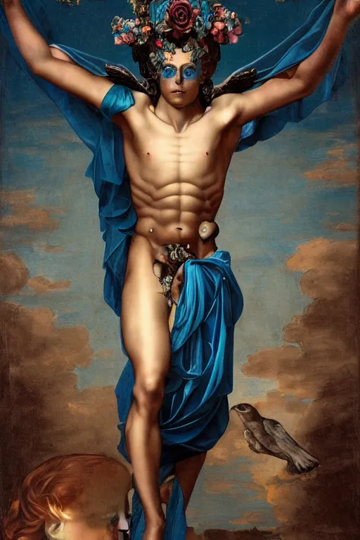 Image similar to a young handsome Spanish metal android with a large glowing battery in the center of his chest in a full-body bronze cyberpunk style statue of Icarus with glowing blue eyes, crown of peach roses, flowing teal-colored silk, fabric, flowers. baroque elements, human skull. full-length view. baroque element. intricate artwork by caravaggio. many many birds birds on background. Trending on artstation, octane render, cinematic lighting from the right, hyper realism, octane render, 8k, depth of field, 3D